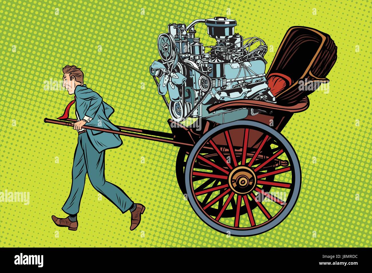 Manuelle Arbeit gegen mechanische, trägt Rikscha Motor. Pop-Art-Retro-Vektor-illustration Stock Vektor