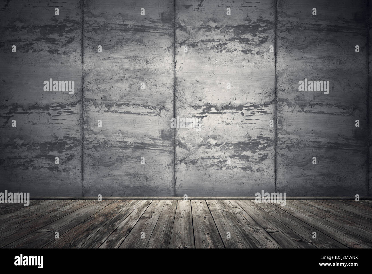 Innenraum mit schmutzigen Beton Zement Wand- und Holzbrett. Unterirdischen Ausstellungsraum. 3D Rendering-illustration Stockfoto
