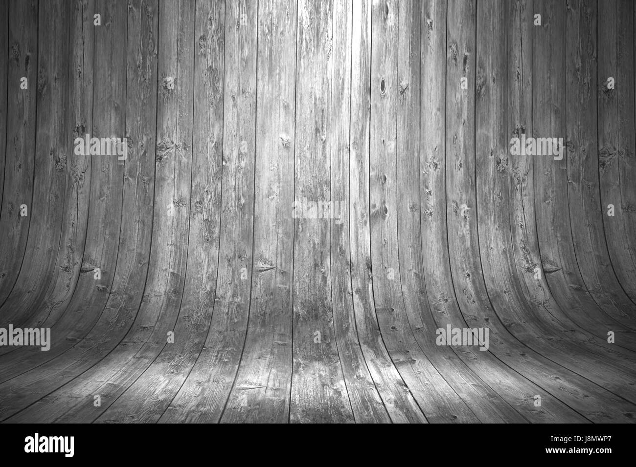 Alten Grunge grau gebogene hölzerne Hintergrund mit leuchtenden Lampe an der Spitze Stockfoto