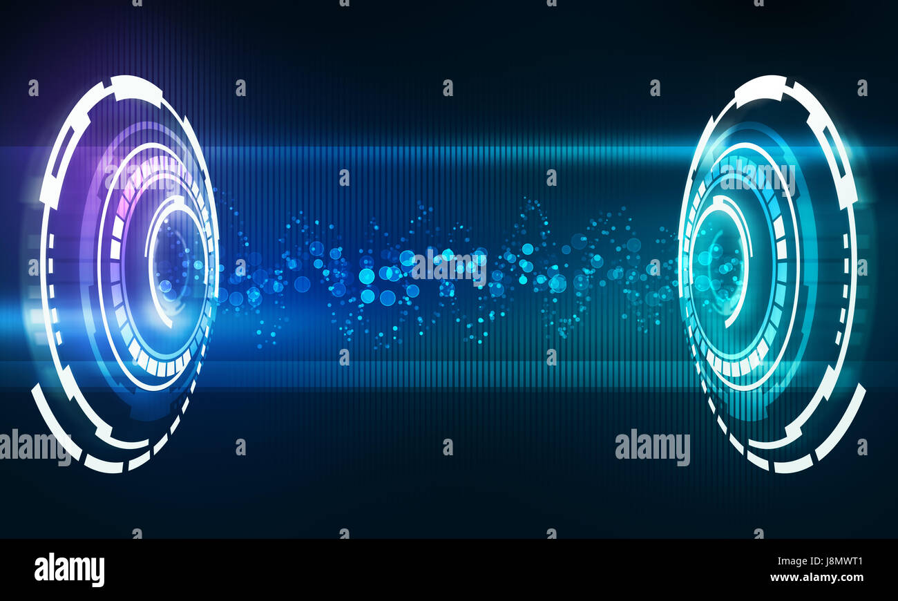 Abstrakte digitale Illustration der futuristische Musik-Schnittstelle mit zwei runden Elementen und Fluss Welle der Schallenergie zwischen. Stockfoto