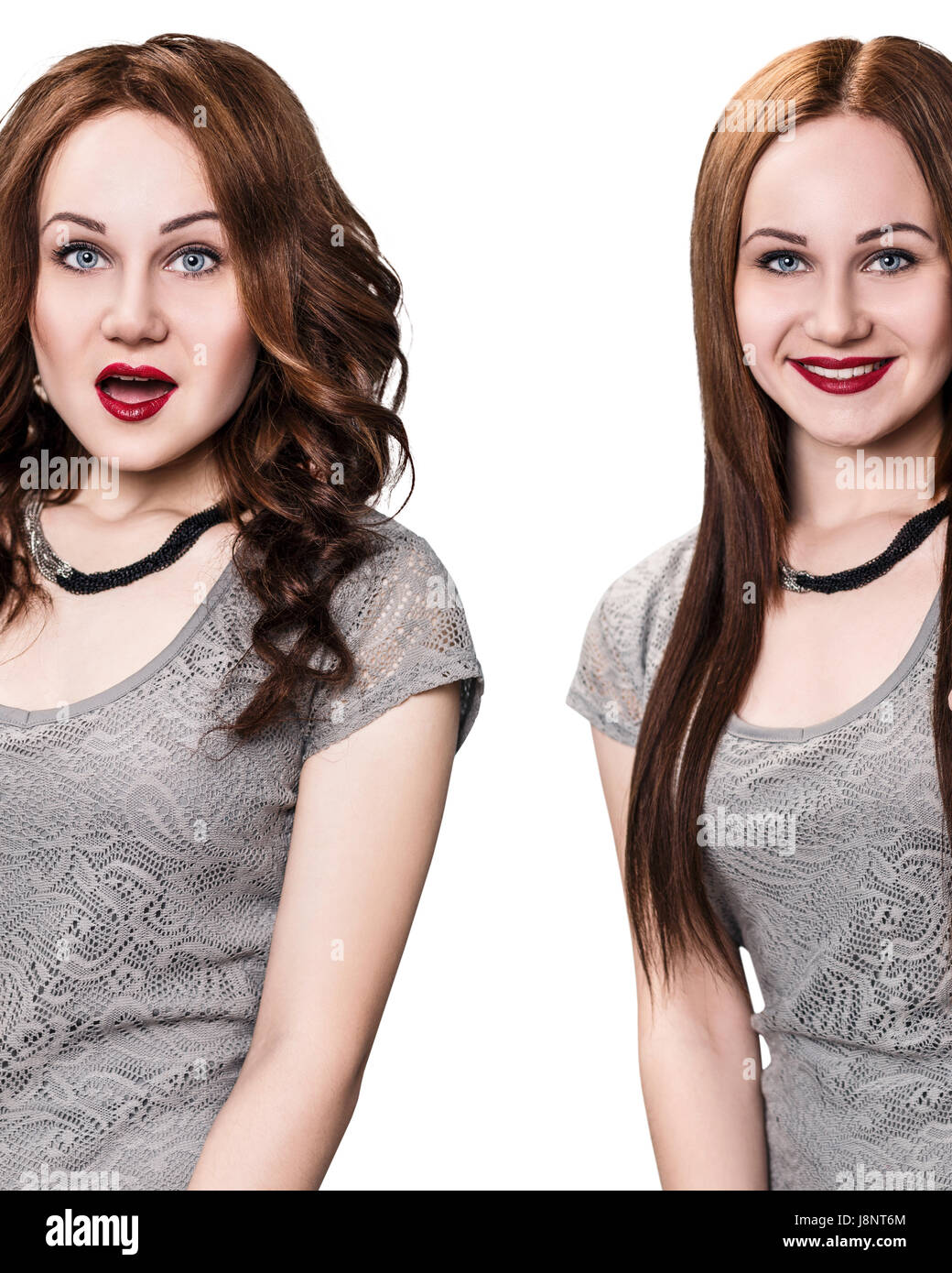 Junge Frau mit lockigem Haar vor und nach der Begradigung auf weißem Hintergrund Stockfoto