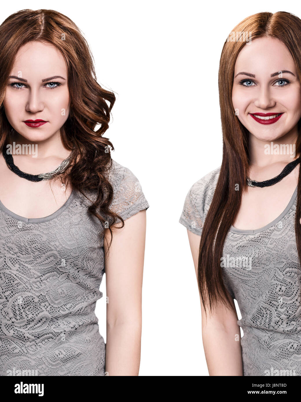 Junge Frau mit lockigem Haar vor und nach der Begradigung auf weißem Hintergrund Stockfoto