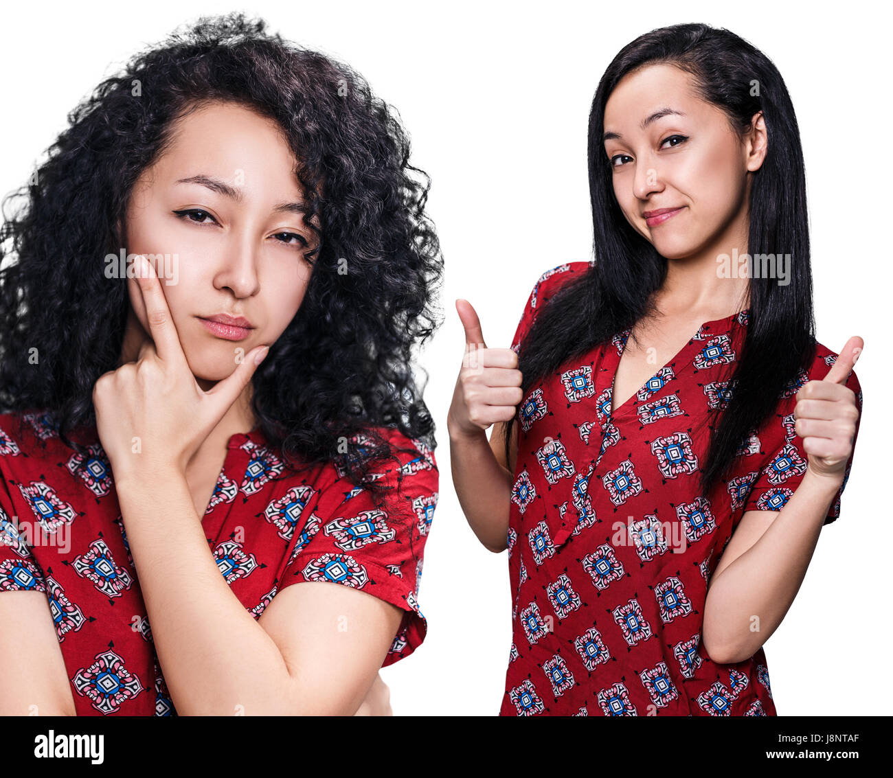 Junge Frau mit schwarzen Haaren vor und nach der Begradigung auf weißem Hintergrund Stockfoto