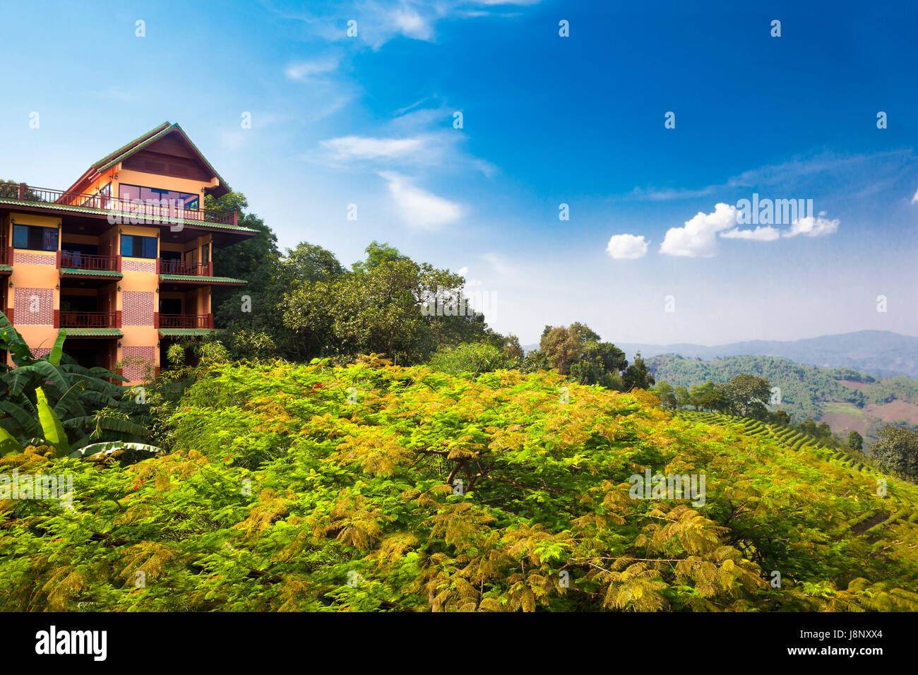 Haus und Landschaft. Exotische Orte und Tourismus. Reise- und Hotelkosten Konzept Stockfoto