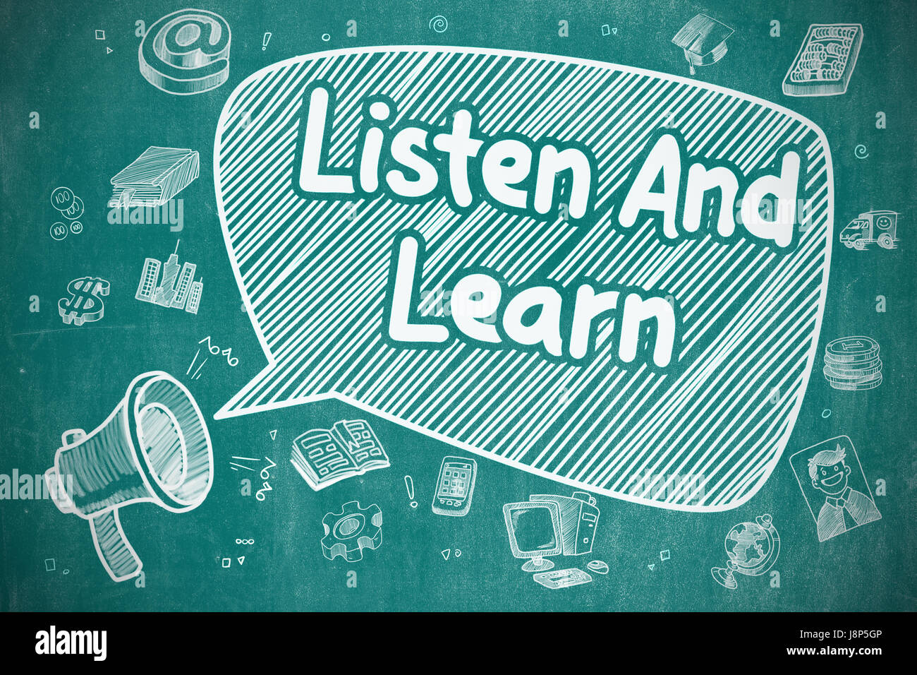 Hören und lernen - Cartoon Illustration an blauen Tafel. Stockfoto