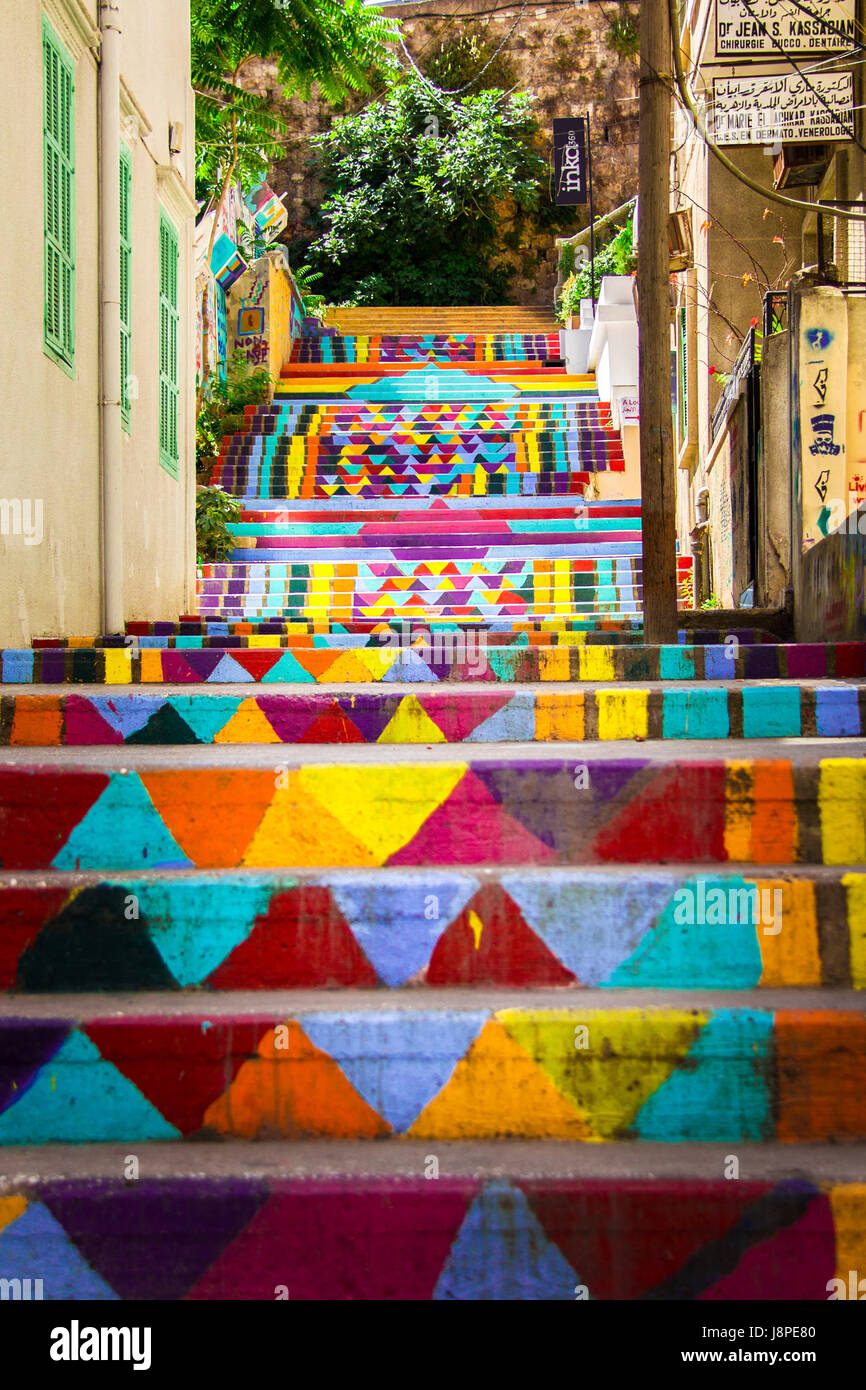 Treppen in den Straßen von Mar Mikhael, Beirut Stockfoto