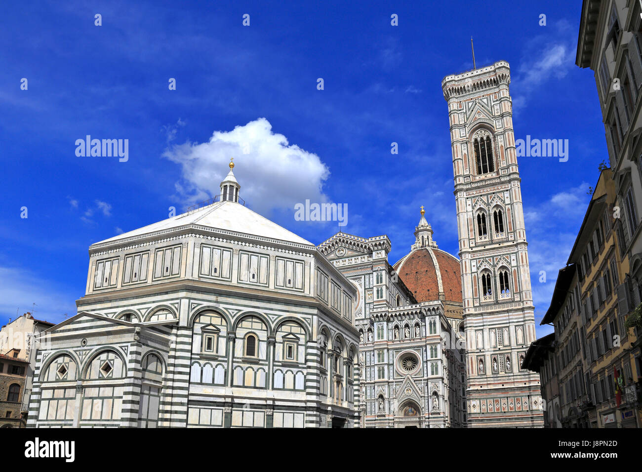Dom, Santa Maria del Fiore, Giottos Glockenturm und das Baptisterium des Heiligen Johannes, Piazza del Duomo, Florenz, Toskana, Italien, Europa. Stockfoto