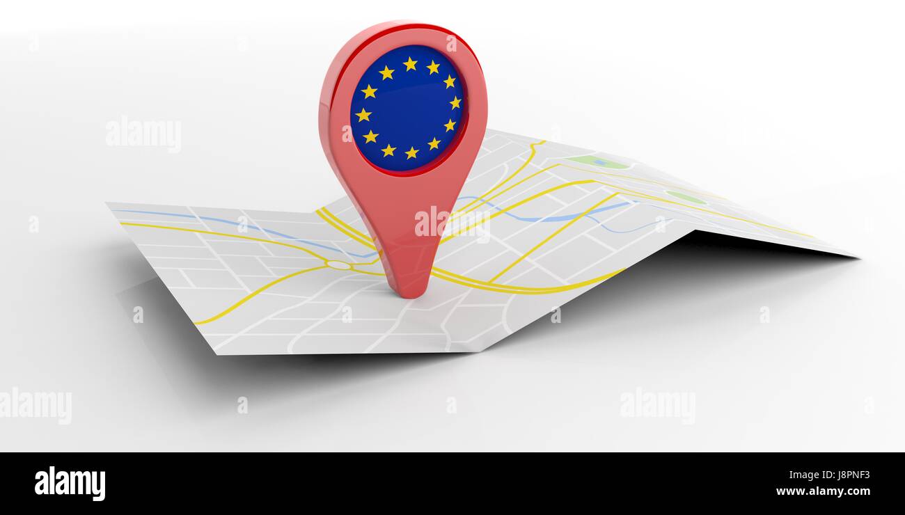 EU-Kartenzeiger isoliert auf weißem Hintergrund. 3D illustration Stockfoto