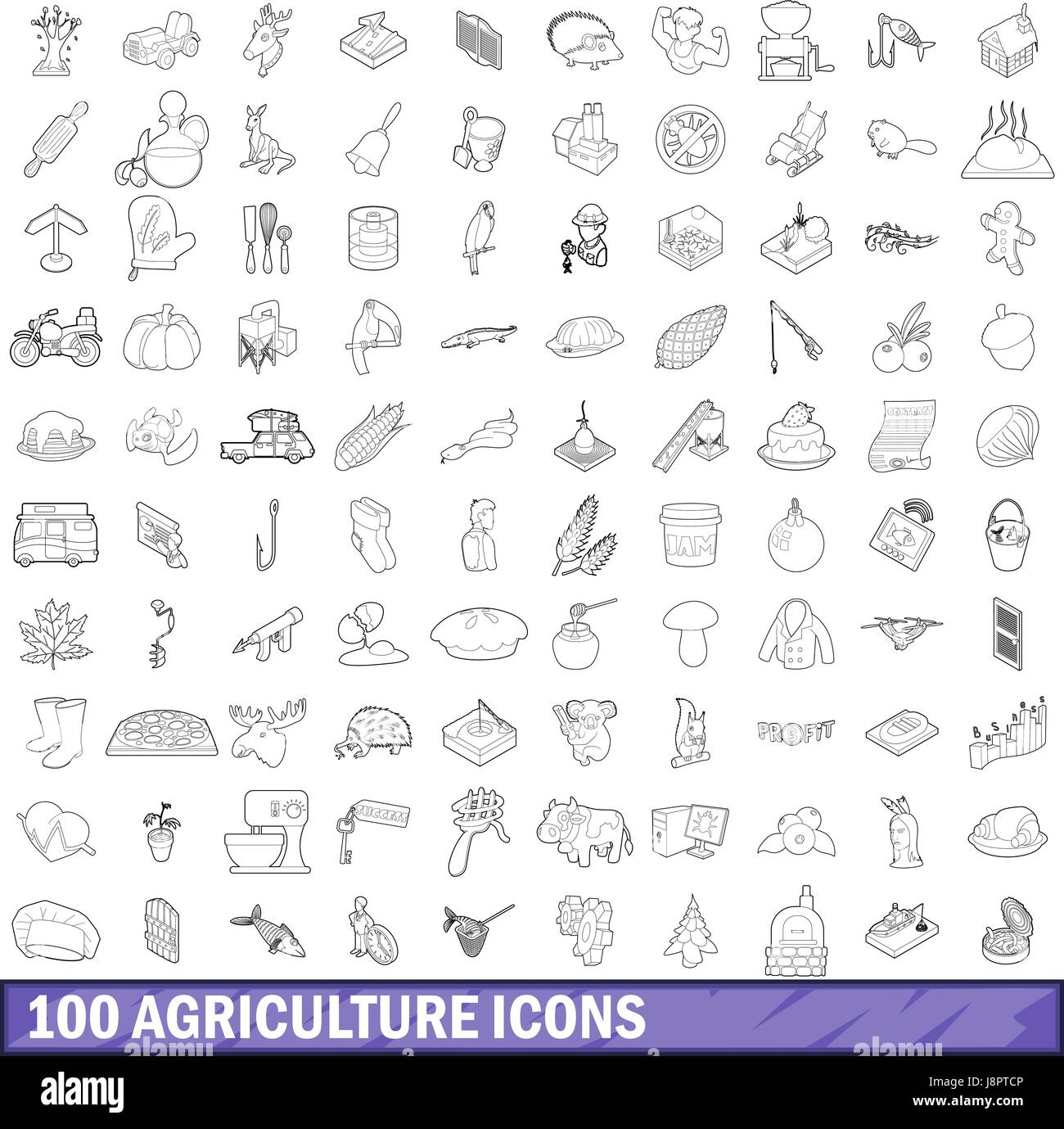 100 Landwirtschaft Icons Set, Umriss-Stil Stock Vektor