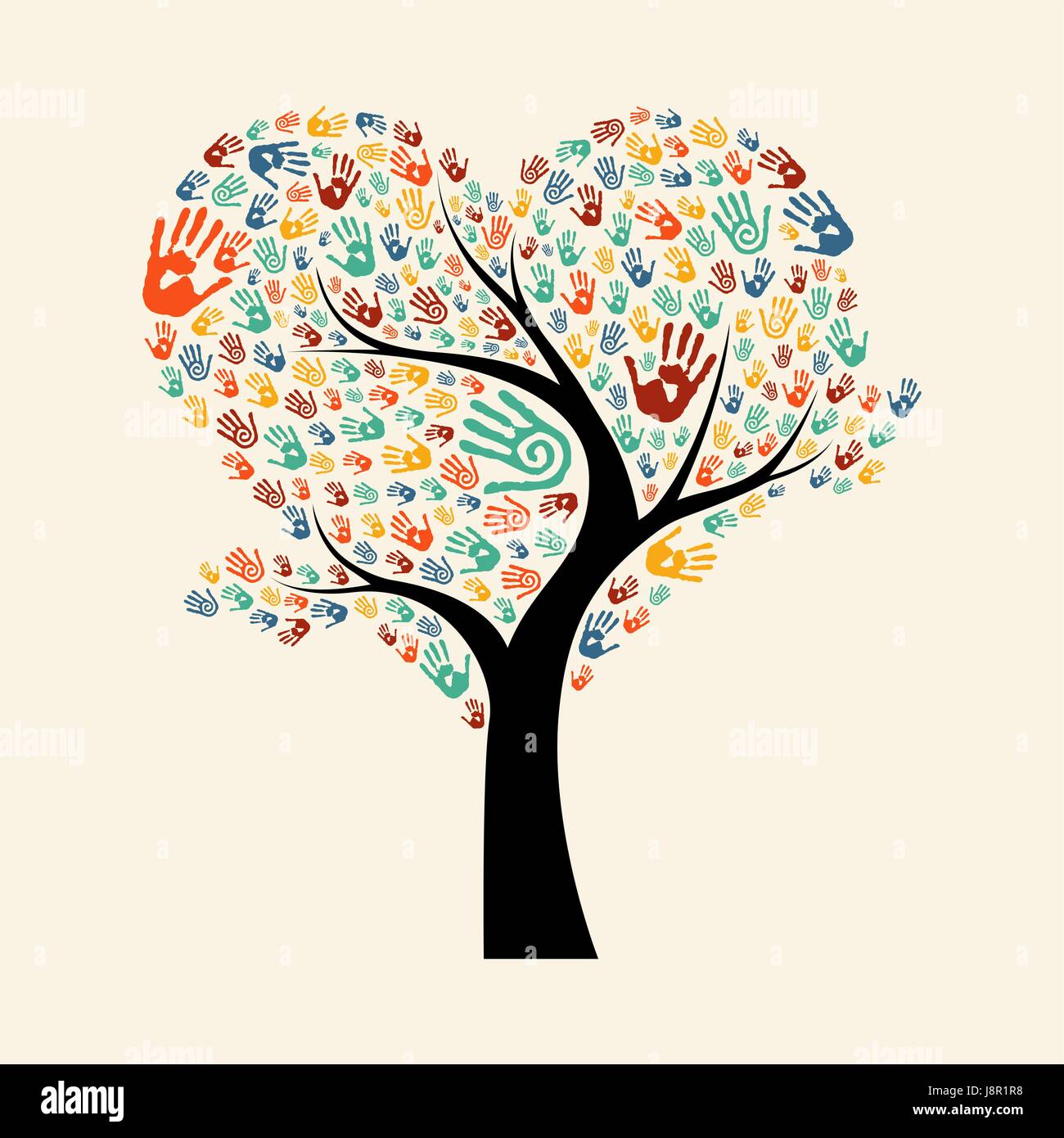 Baum aus unterschiedlichen Farbe Hand druckt in Herzform. Gemeinschaft Hilfe Konzept Abbildung. EPS10 Vektor. Stock Vektor