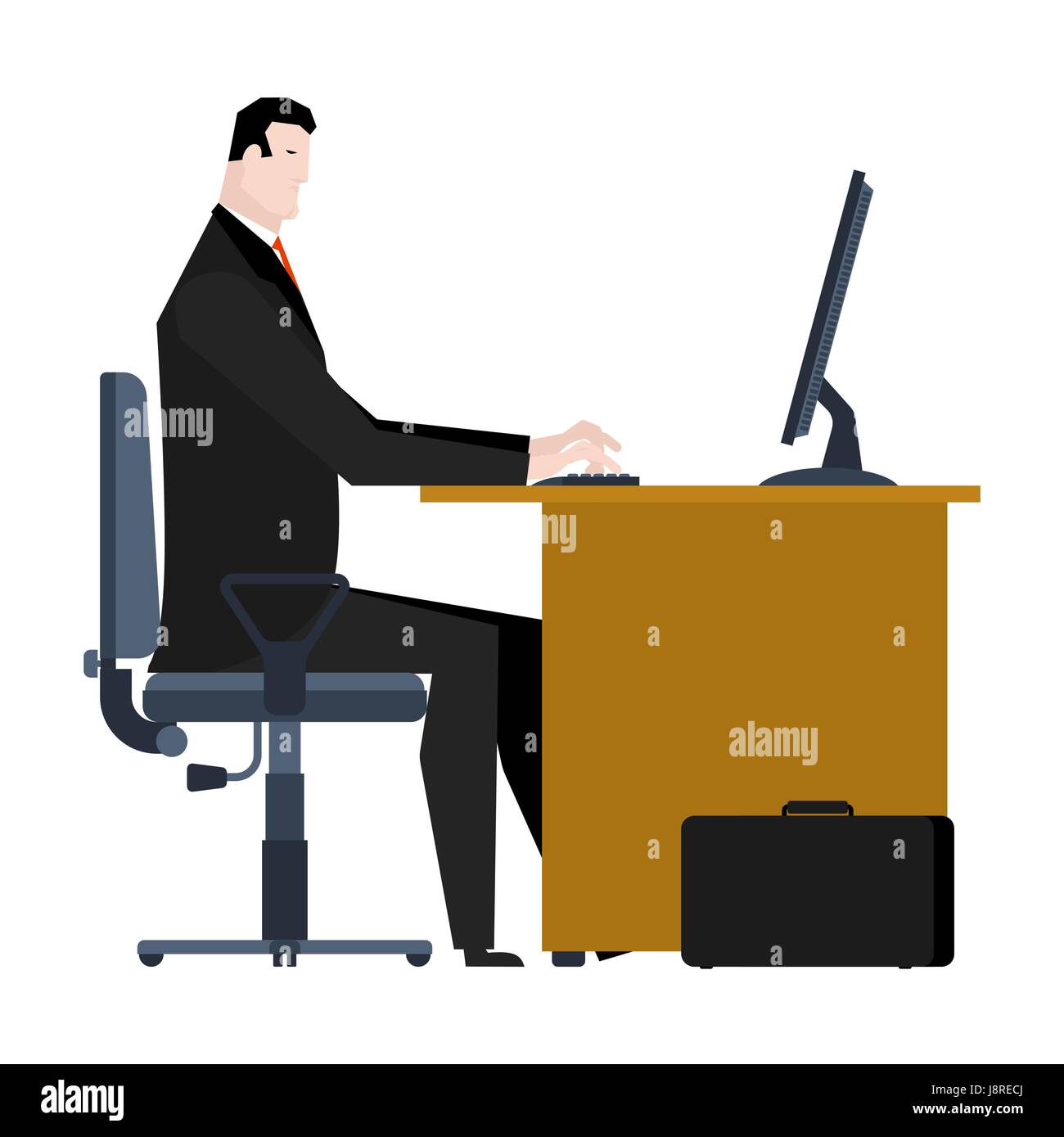 Manager auf Computer arbeiten. Geschäftsmann am Tisch sitzen. Büroarbeitsplatz Stock Vektor