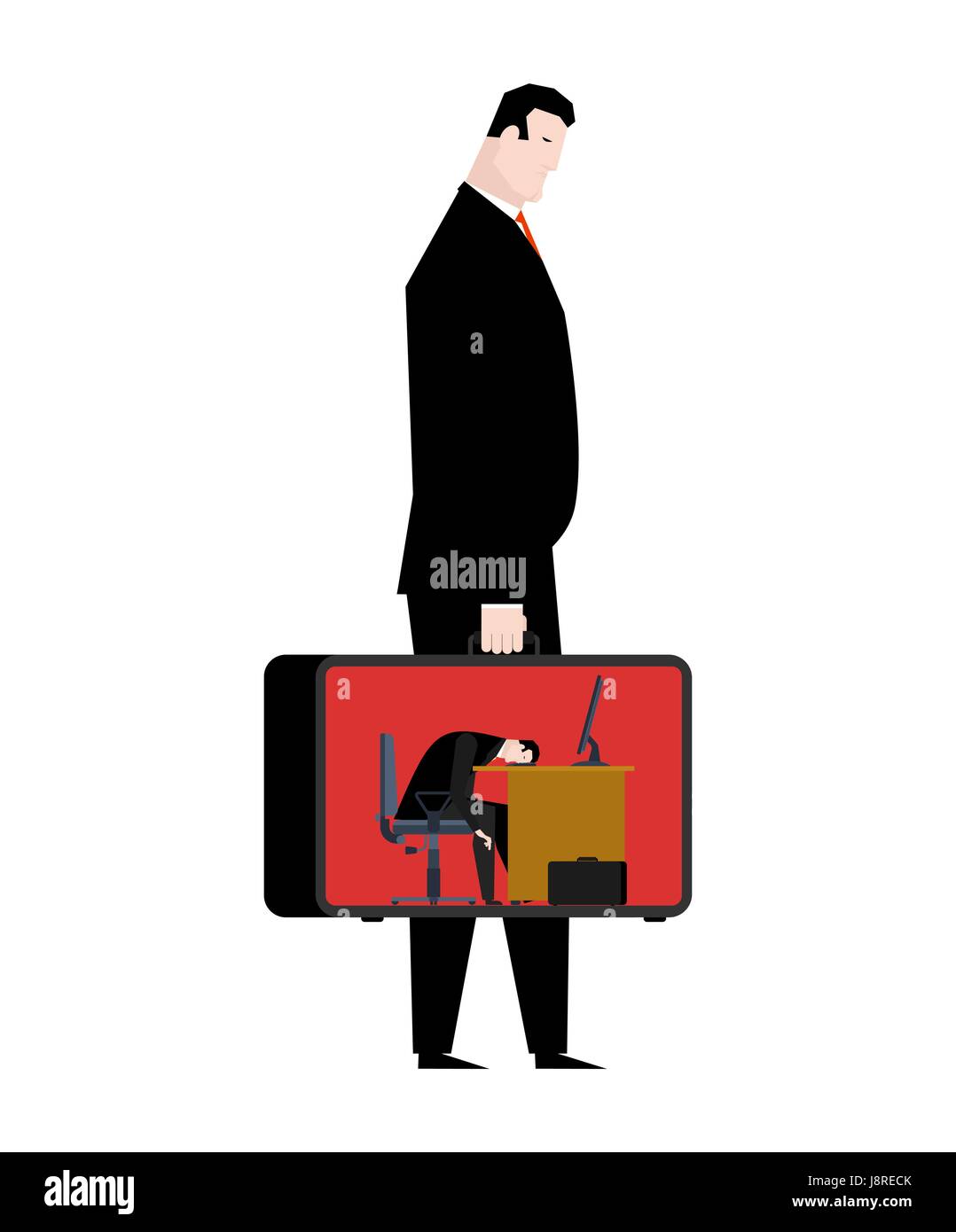 Geschäftsmann, müde von der Arbeit. Kopf ist am Tisch. Manager ist müde. Büroarbeitsplatz. Sessel und computer Stock Vektor