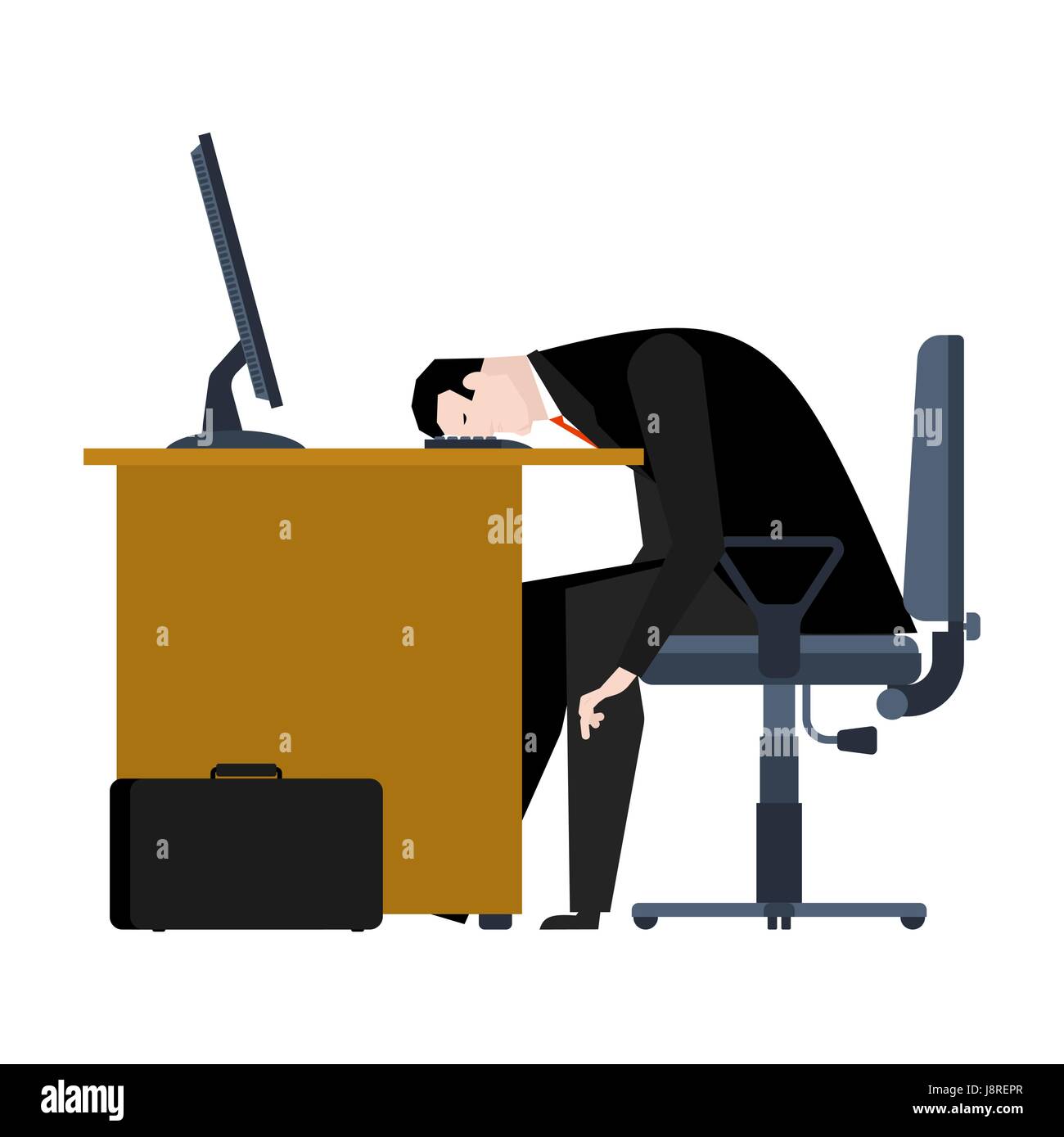 Geschäftsmann, müde von der Arbeit. Kopf ist am Tisch. Manager ist müde. Büroarbeitsplatz. Sessel und computer Stock Vektor