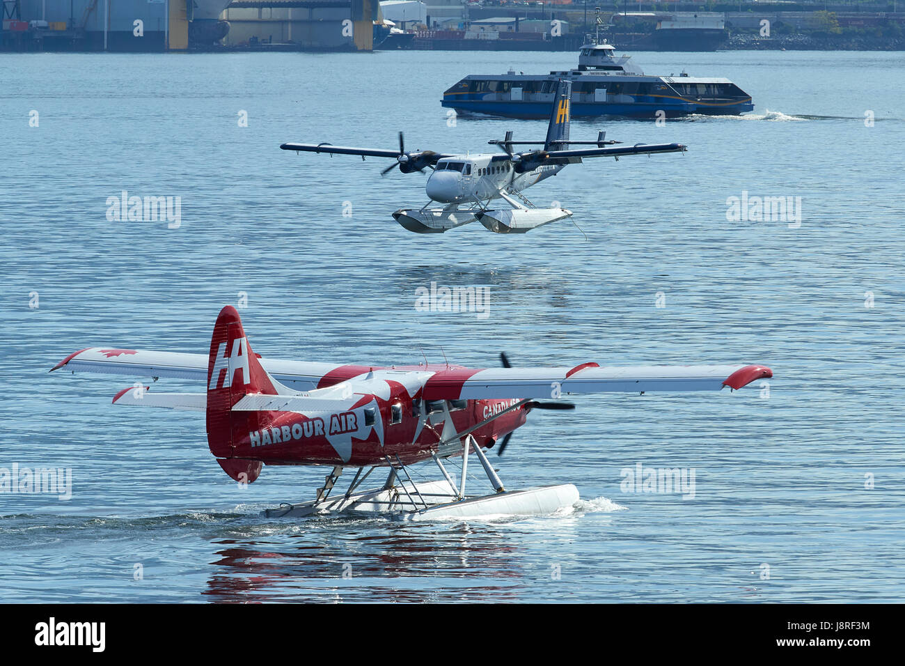 Harbour Air Wasserflugzeuge de Havilland Canada DHC-6 Twin Otter Wasserflugzeug landen bei Vancouver Hafen Flug Centre, British Columbia, Canada. Stockfoto