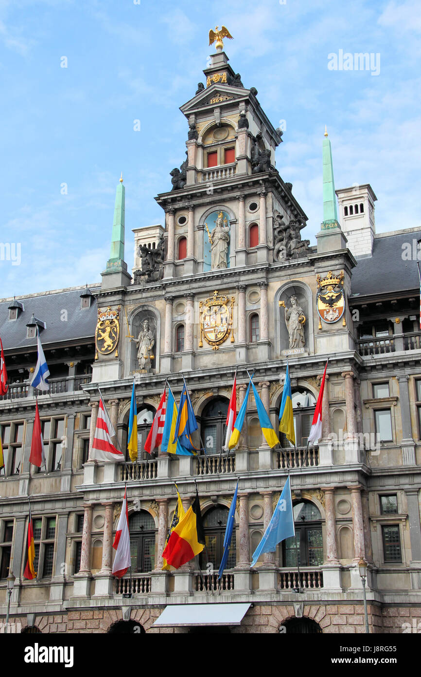 historische, Rathaus, Belgien, Flagge, Renaissance, Emblem, Antwerpen, Gotik, Stockfoto
