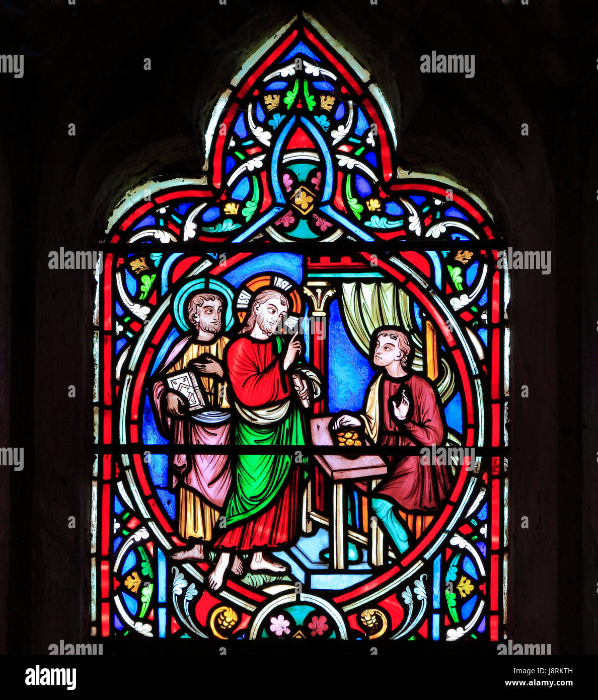 Szene aus dem Leben Jesu, von Adolph Didron, Paris, 1860, gebeizt Glas Fenster, Feltwell, Norfolk, England, Jesus ruft Matthäus, Zöllner, Stockfoto