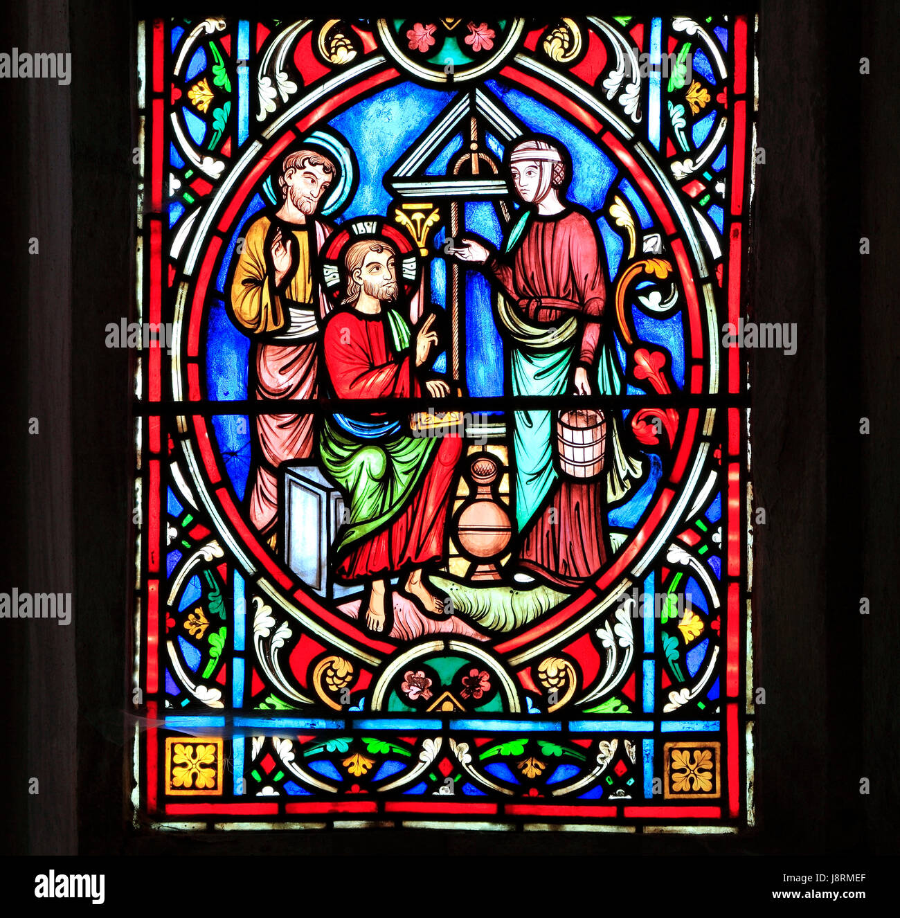 Szene aus dem Leben Jesu, von Adolph Didron, Paris, 1860, gebeizt Glas Fenster, Feltwell, Norfolk, England, Jesus im Gespräch mit der Samariterin am Brunnen Stockfoto