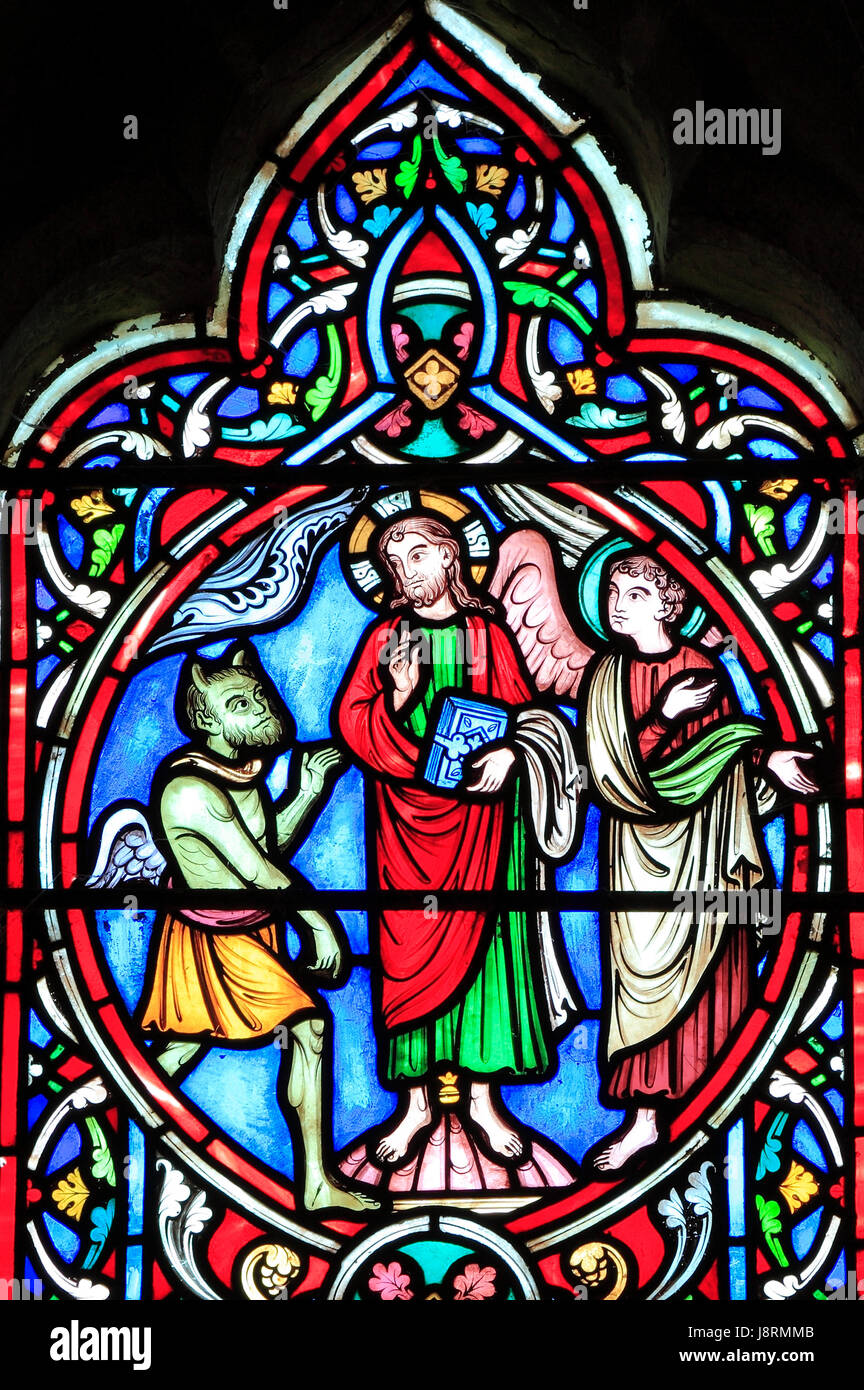 Szene aus dem Leben Jesu, von Adolph Didron, Paris, 1860, gebeizt Glas Fenster, Feltwell, Norfolk, England... Jesus versucht durch Satan in der Judäischen Wüste Stockfoto
