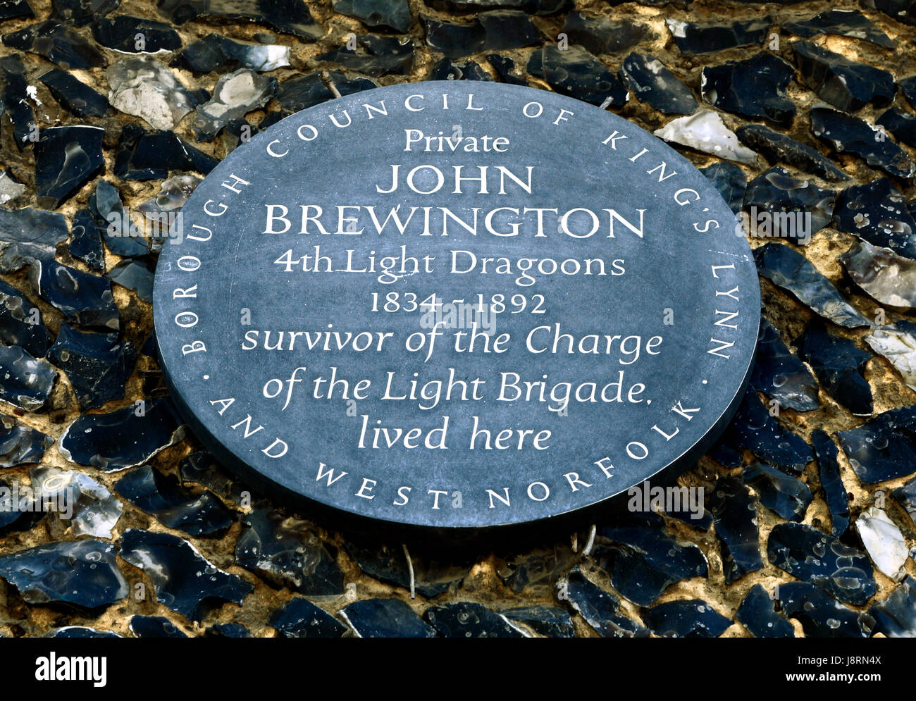 Kostenlos the Light Brigade, private John Brewington, 4. Licht-Dragoner-Regiment, britischer Soldat, Gedenktafel, Feltwell, Norfolk, England, UK Stockfoto