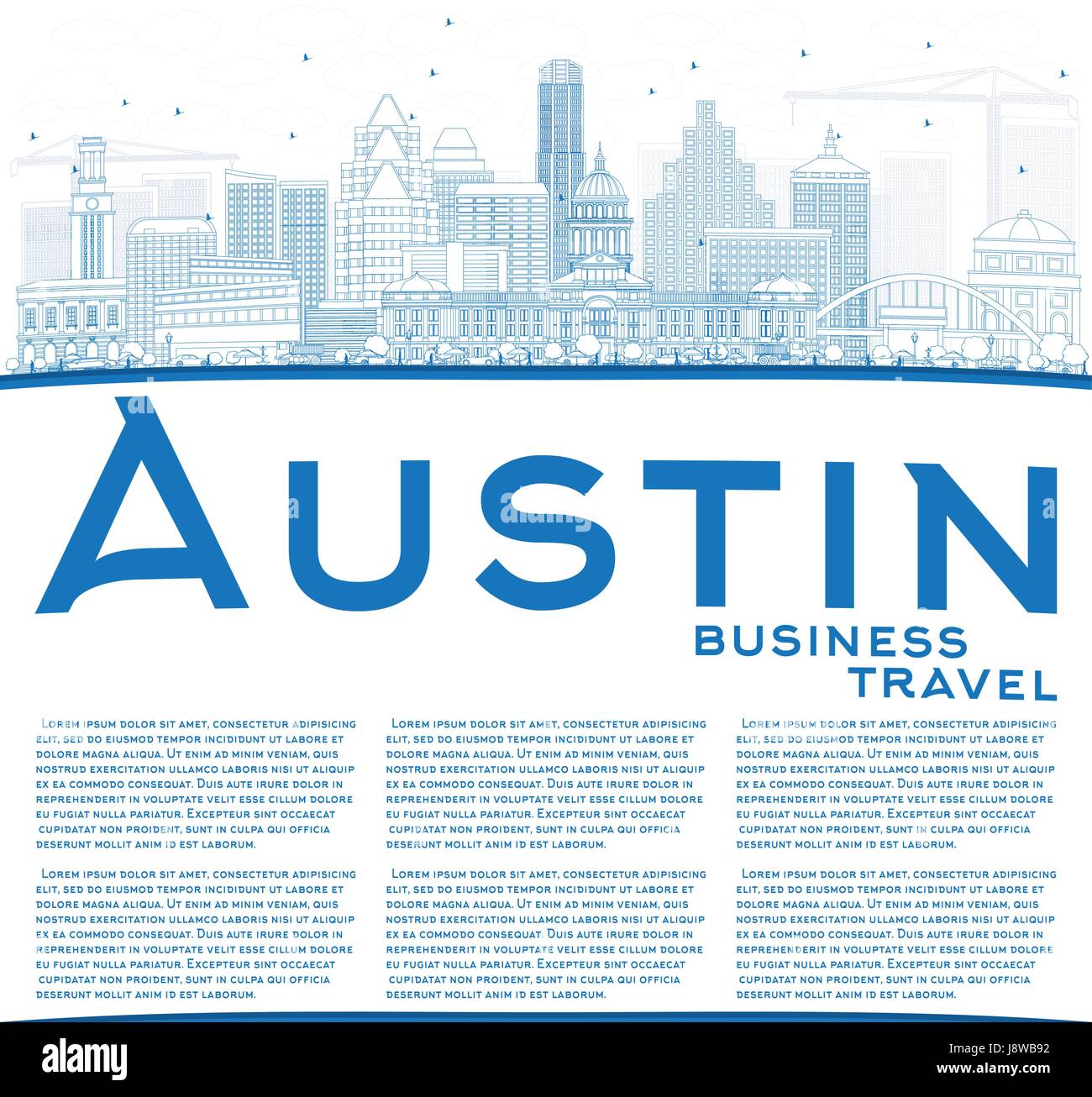 Umriss Austin mit blauen Gebäuden und textfreiraum Skyline. Vektor-Illustration. Geschäftsreisen und Tourismus-Konzept mit moderner Architektur. Stock Vektor