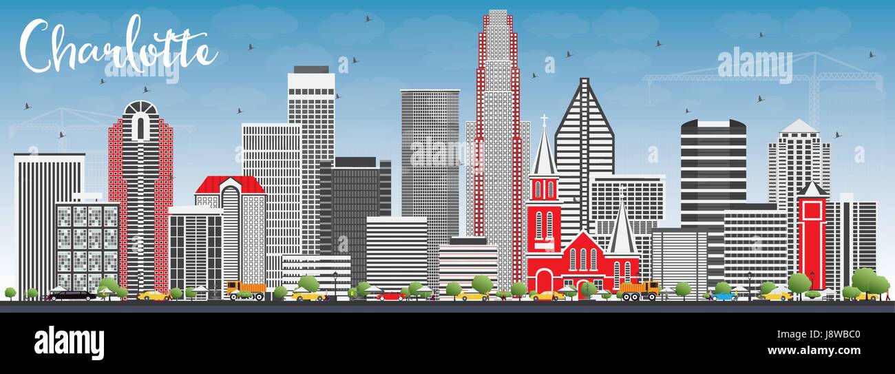 Charlotte Skyline mit grauen Gebäuden und blauer Himmel. Vector Illustration. Business Travel und Tourismus Konzept mit moderner Architektur. Stock Vektor