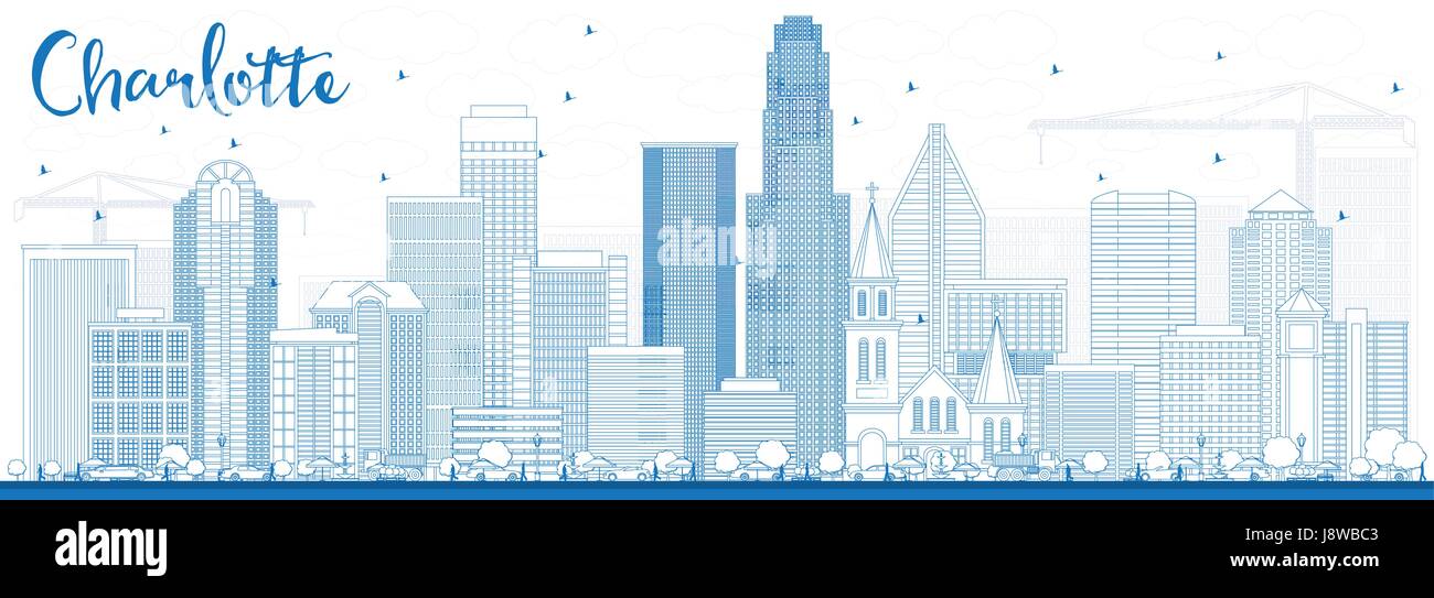Skyline von Charlotte mit blauen Gebäude zu skizzieren. Vektor-Illustration. Geschäftsreisen und Tourismus-Konzept mit moderner Architektur. Stock Vektor