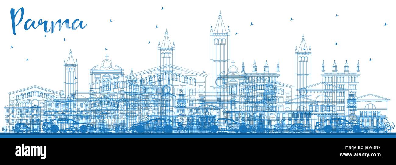 Umriss Parma Skyline mit blauen Gebäude. Vektor-Illustration. Geschäftsreisen und Tourismus-Konzept mit historischen Gebäuden. Stock Vektor