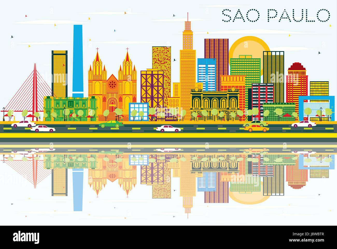 Sao Paulo-Skyline mit grauen Gebäuden, blauer Himmel und Reflexionen. Vektor-Illustration. Geschäftsreisen und Tourismus-Konzept mit modernen Gebäuden. Stock Vektor