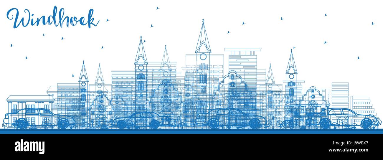 Umrisse windhoek Skyline mit blauen Gebäude. Vector Illustration. Business Travel und Tourismus Konzept mit modernen Gebäuden. Stock Vektor