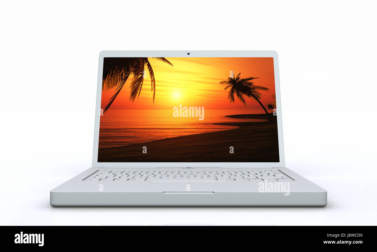 Laptop, Notebook, Computer, Computer, Sonnenuntergang, Strand, Meer, Strand, Stockfoto