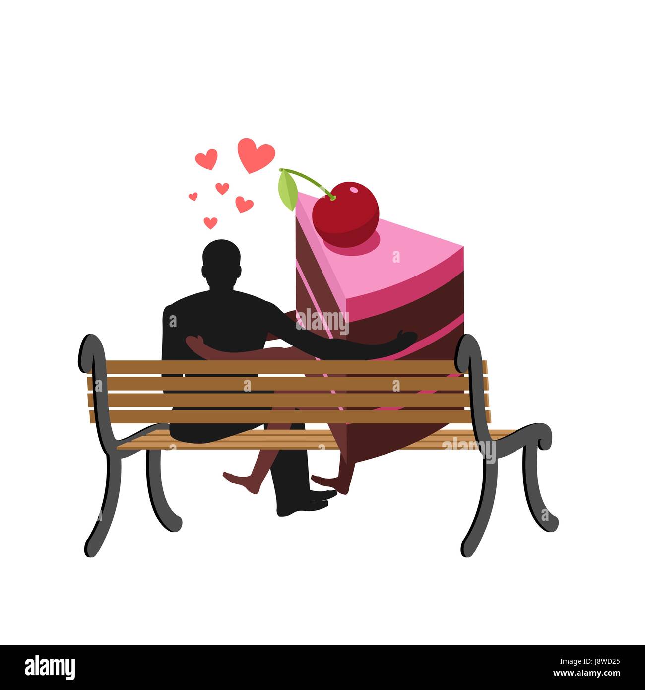 Liebhaber von Kuchen. Mann und Stück Kuchen auf der Bank sitzen. -Liebhaber. Vielfraß Lifestyle Stock-Vektorgrafik