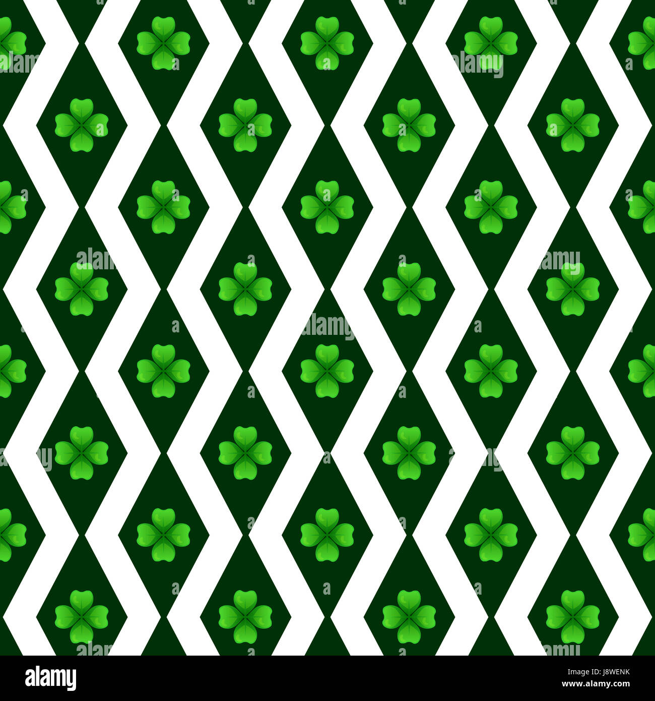 Grünen Klee mit vier Blättern. Sprig gegen dunkle Raute. St. Patricks Day Geometrie Musterdesign. aneinander Gestaltungselement. Stockfoto