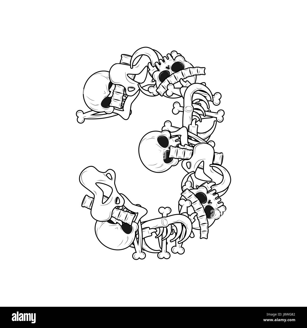 Nummer 3 Skelett. Knochen-Font drei. Anatomie eines Alphabets-Symbols