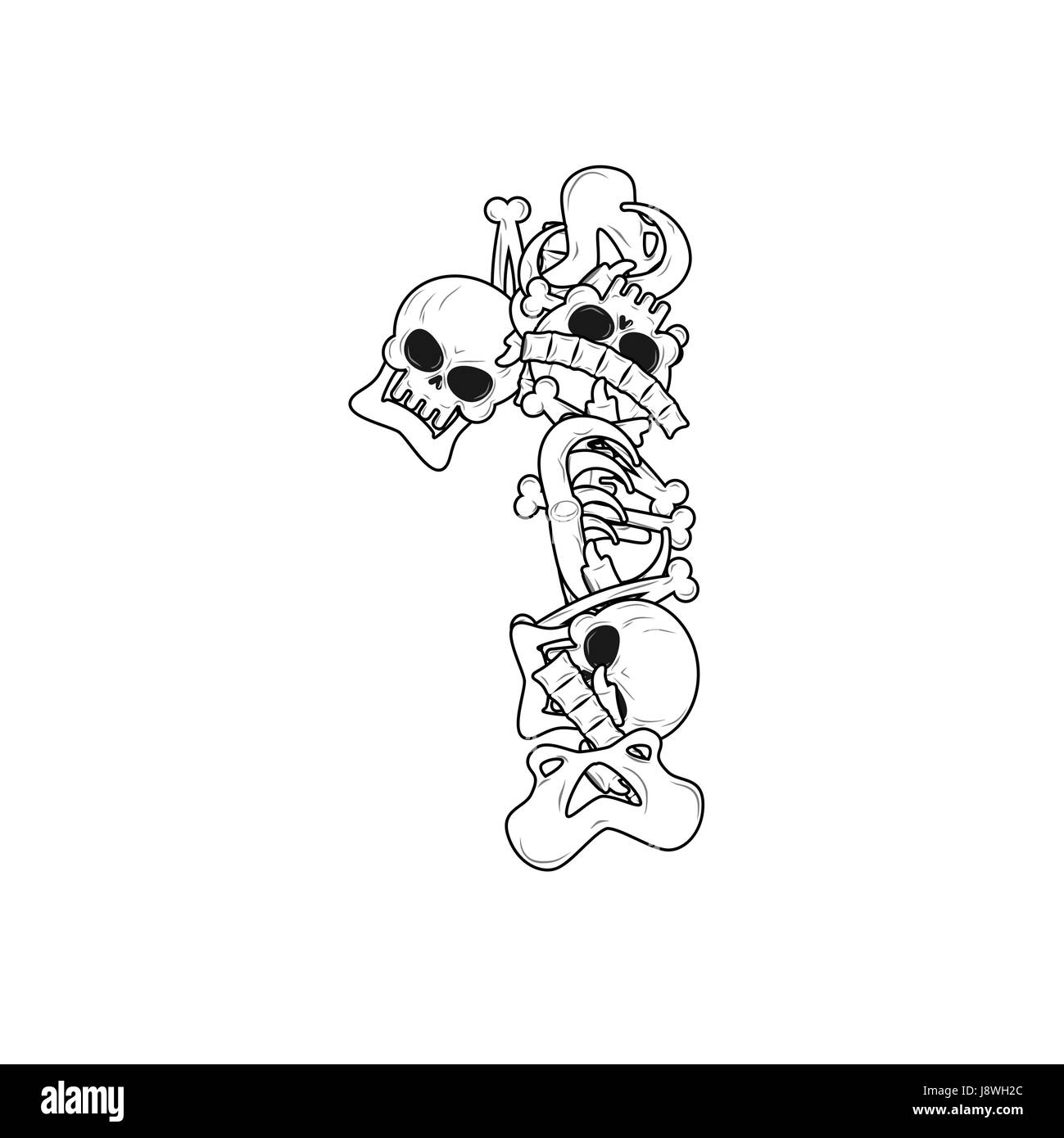 Nummer 1 Skelett. Knochen-Schriftart eine. Anatomie eines Alphabets