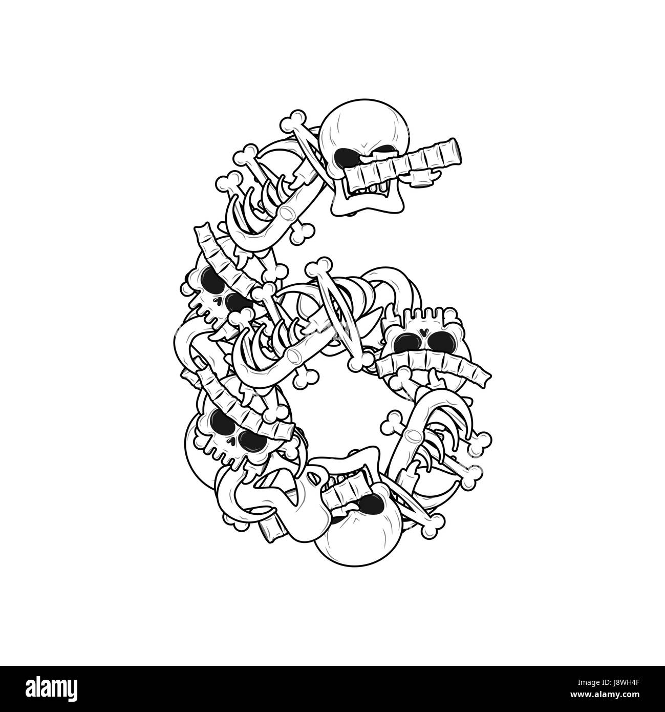 Nummer 6 Skelett. Knochen-Schrift sechs. Anatomie eines Alphabets