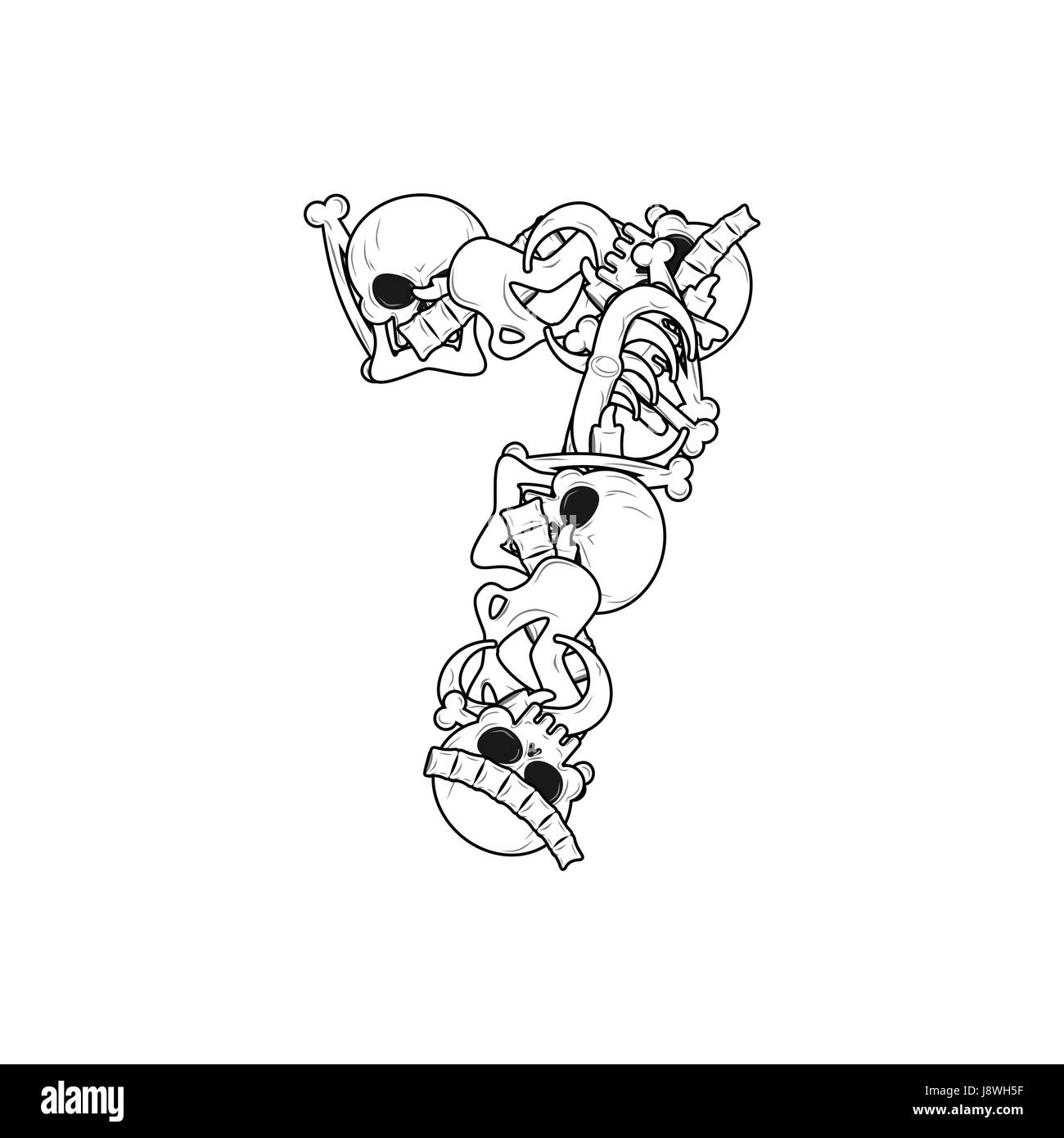 Nummer 7 Skelett. Knochen-Schriftart sieben. Anatomie eines Alphabets