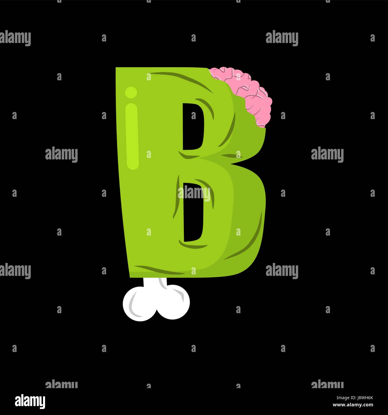 Buchstabe B Zombie Schriftart. Monster-Alphabet. Knochen und Gehirn Schriftzug. Grüne schrecklich ABC Zeichen Stock Vektor