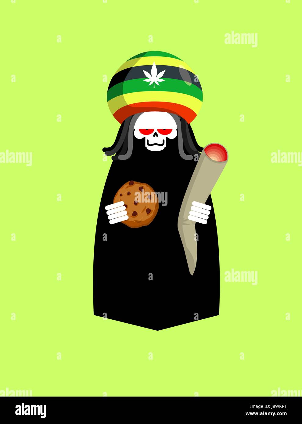 Rasta Tod. Rastafaris Sensenmann. Hut-Rastaman und Gelenk- oder Spliff von Marihuana. Cookies und Schädel Stock Vektor