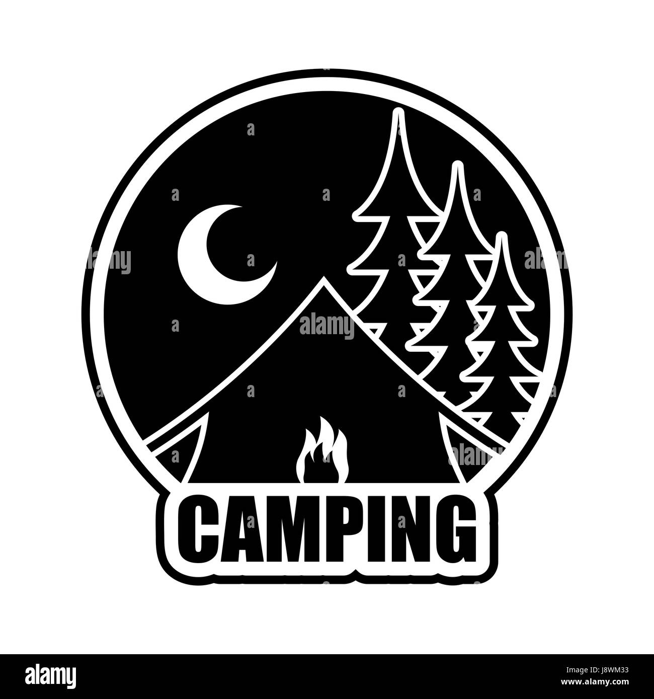 Nacht-Camping-Logo. Emblem für Unterkunft Camp. Landschaft mit Zelt und  Wald. Mond und Feuer stand Stock-Vektorgrafik - Alamy