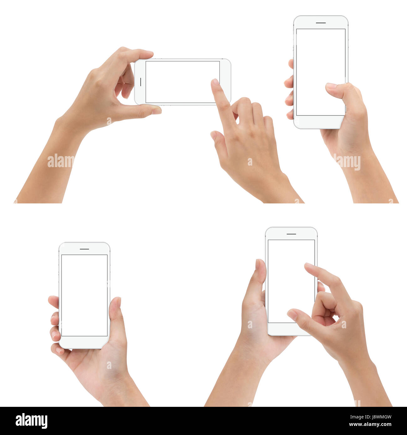 Hand Geste halten und mit weißen Telefon isoliert auf weißem Hintergrund Stockfoto