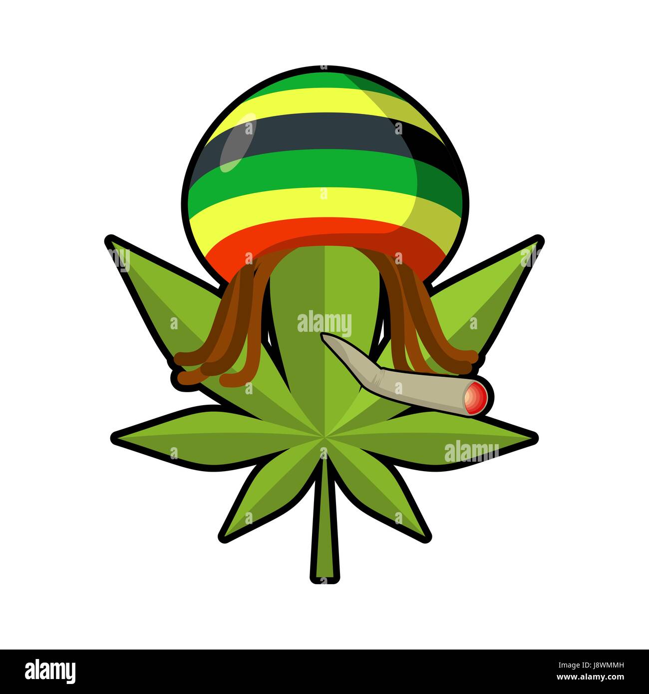Blatt-Marihuana und Reggae-Cap mit Dreadlocks. Grünes Blatt Cannabis Rauchen Joints oder Spliff. Freaky-Emblem. Rastafaris Symbol. Rastaman Zeichen Stock Vektor