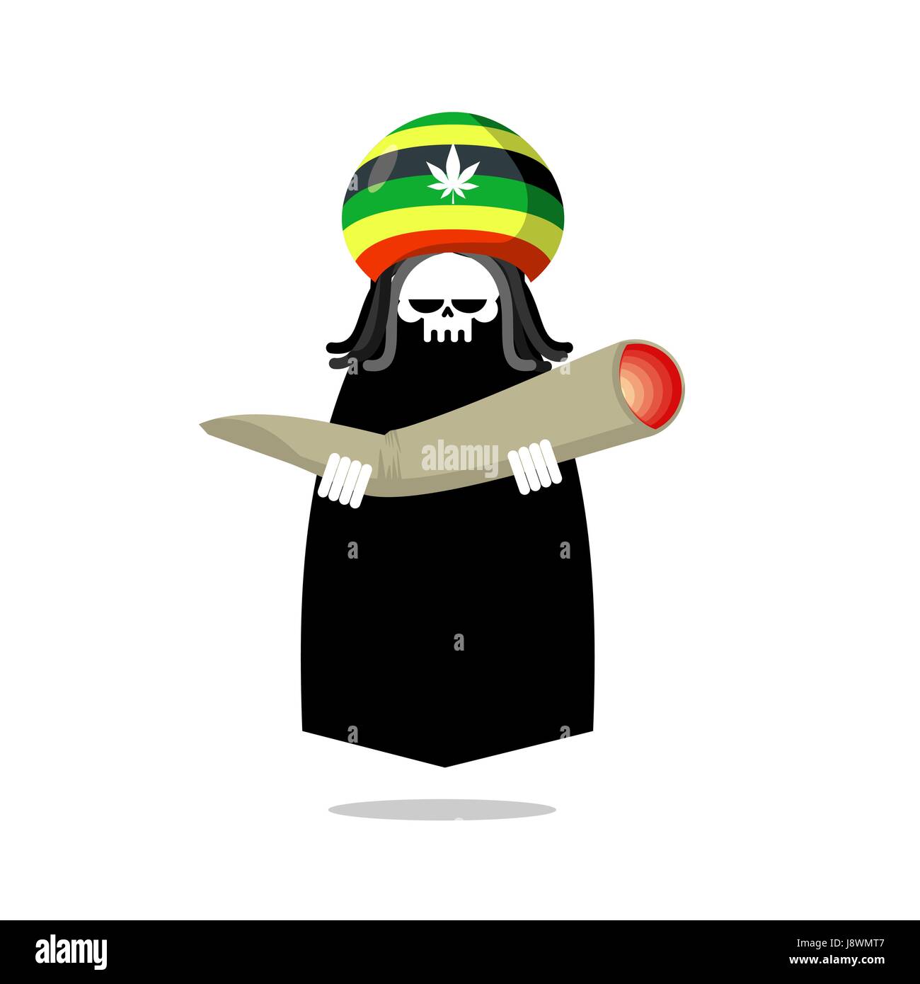 Rasta Tod bietet Gelenk- oder Spliff. Rastafari Dreadlocks Schädel und Baskenmütze. Grim Reaper für Rastafarians. Jamaikanische Dämon Besitz Marihuana und Rauchen Stock Vektor