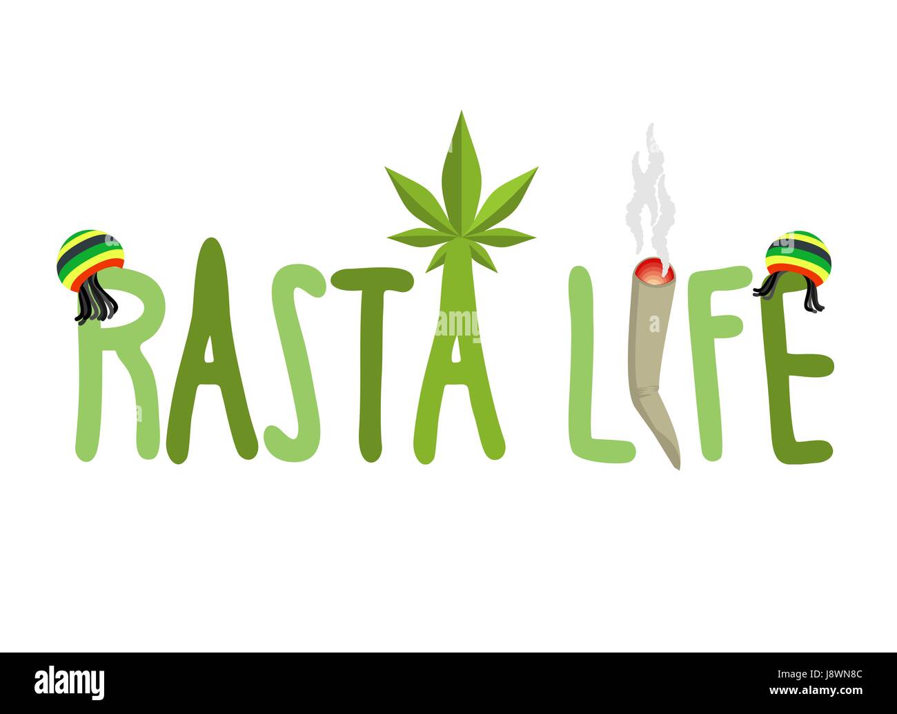 Rasta Lebens Typografie. Hanf-Rastafari-Kappe und Dreadlocks. Rastaman Briefe. Gelenk oder Spliff und cannabis Stock Vektor