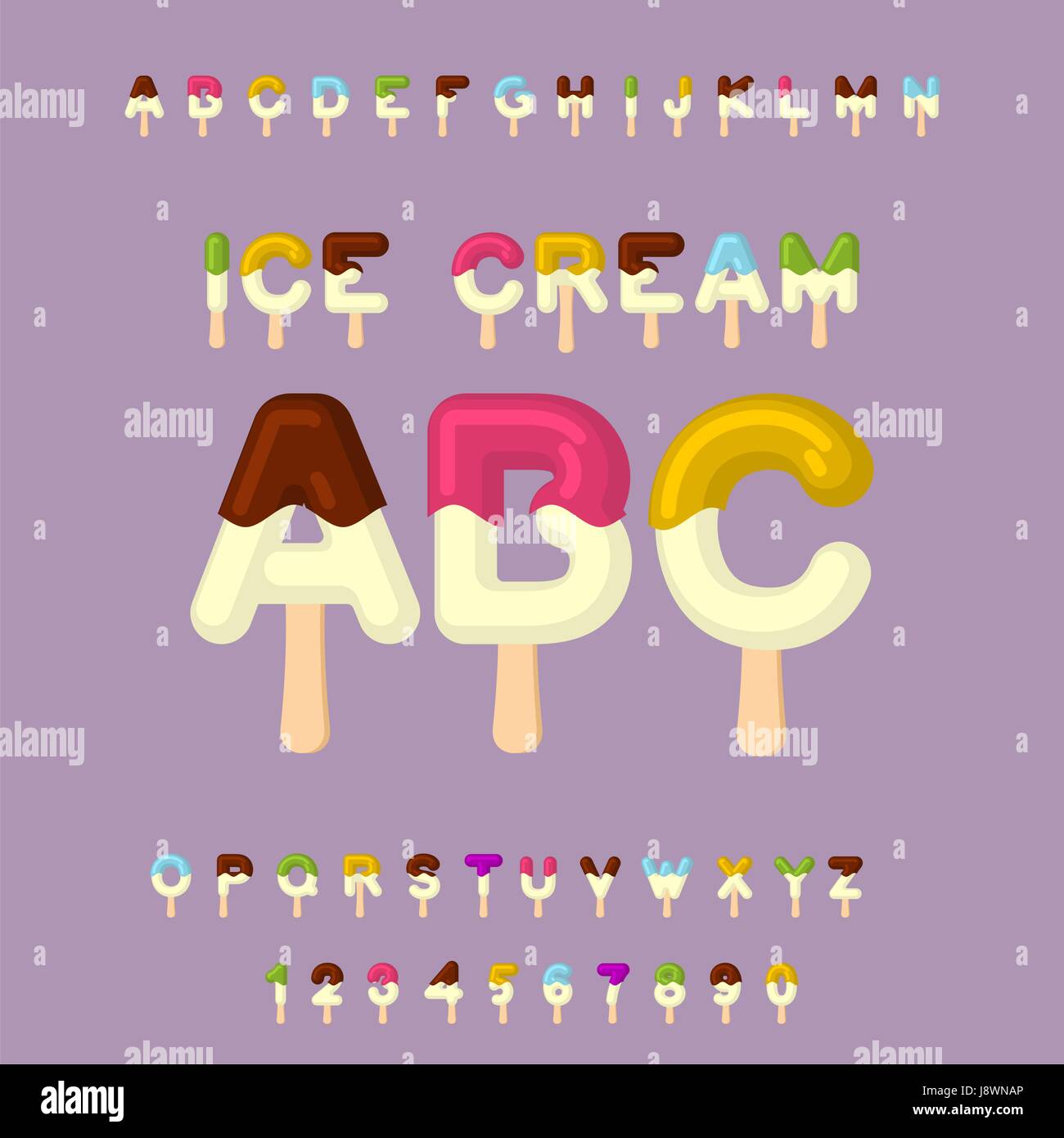 Eis ABC. Eis am Stiel-Alphabet. Kalte Süßspeisen Schriftart. Essen-Typografie. Essbare Briefe. Dessert-Schriftzug Stock Vektor