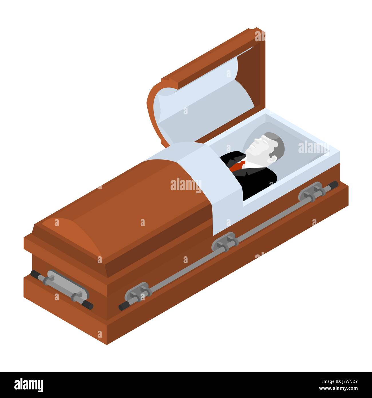 Verstorbenen im Sarg. Toter Mann lag in hölzernen Schatulle. Leiche in einem offenen Leichenwagen für die Beerdigung Stock Vektor
