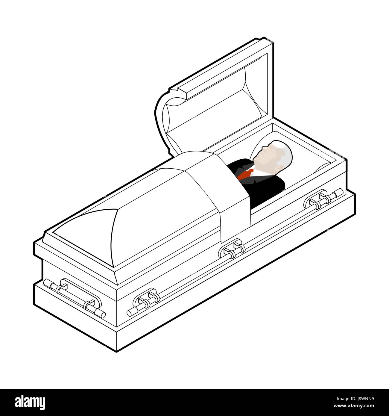 Verstorbenen im Sarg. Toter Mann lag in hölzernen Schatulle. Leiche in einem offenen Leichenwagen für die Beerdigung Stock Vektor