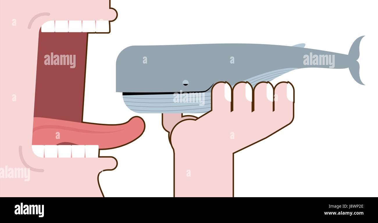 Zerstörung der Wale. Menschen essen Wal. Offener Mund mit Zunge und Zähne. Vernichtung der Meerestiere. Lebendfutter. Beseitigung von Wildtieren Stock Vektor