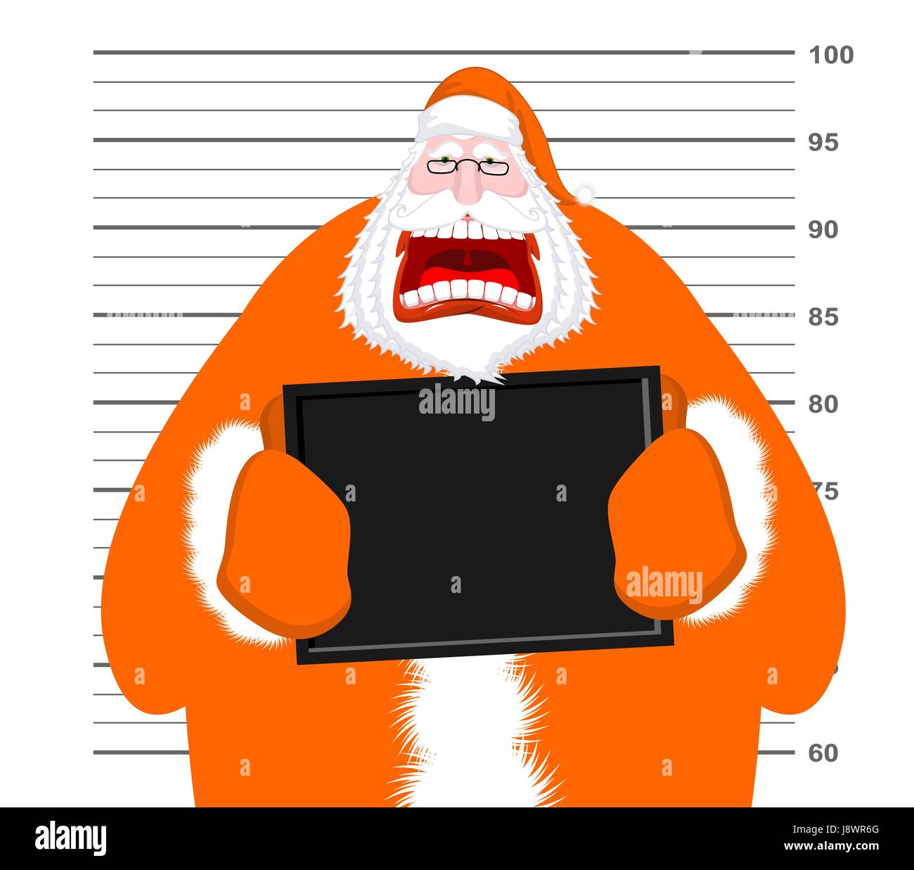 Fahndungsfoto von Santa Claus orange Gefangener Kleidung. Fahndungsfoto von Weihnachten Polizeistation. Verhafteten Bad Santa hält schwarze Platte. Opa Foto delinq Stock Vektor