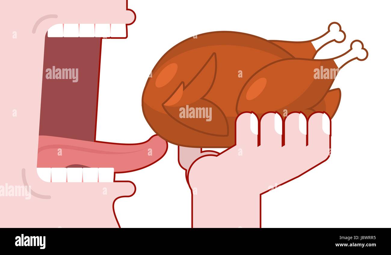 Menschen essen gebratenen Truthahn. Verbrauch von gebratenem Geflügel. Gebackenes Huhn. Offener Mund mit Zunge und Zähne. Abendessen-Verbrauch Stock Vektor