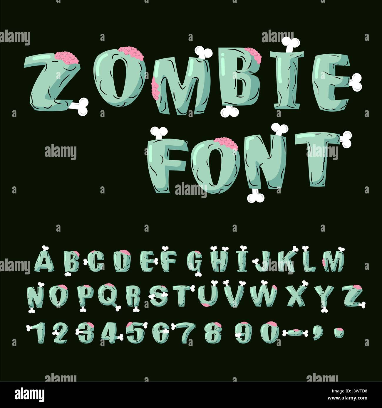 Zombie-Schriftart. Knochen und Gehirn. Lebende Tote Alphabet. Grüne schreckliche Brief. Horror ABC. Unheimliche Lettring. Unheimlich Reihe von Briefen Stock Vektor